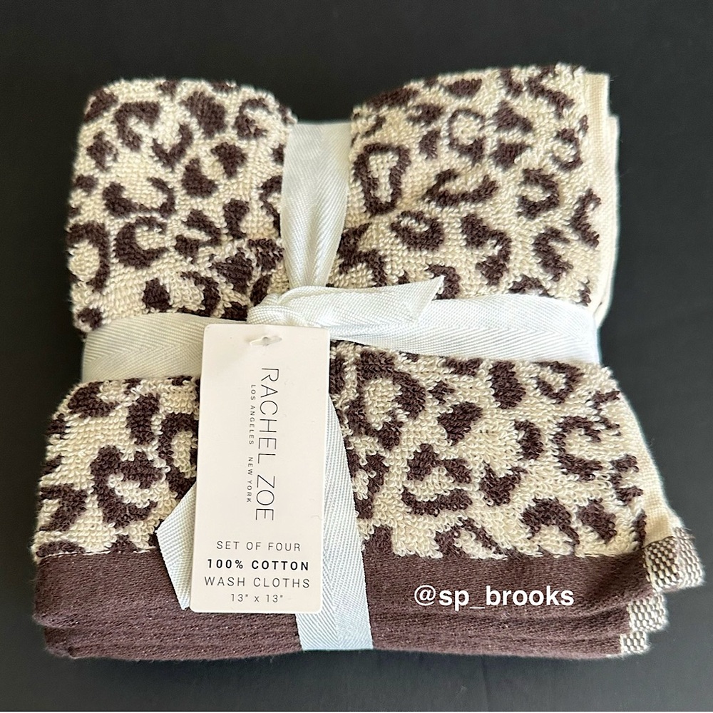 🎁4PC RACHEL ZOE Wash Cloth Set -Cotton- Brown & Tan Cheetah Animal Print Set